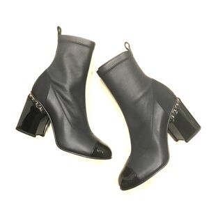 CHANEL Black Leather & Patent Cap-Toe Ankle Boots with Chain Heel